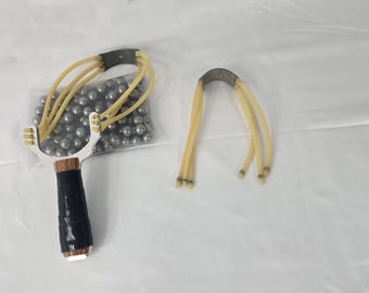 High Quality Sturdy Handmade Slingshot Leather Handle, 1x Replacement Band, 100x Metal Balls, Larp Traveling Tools, Sports Target Archery.