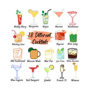 Menu Cocktail SVG, 18 Cocktail Diversi / File di Taglio / JPG PNG / File per Cricut / Silhouette, Clipart, Download Istantaneo, Download Digitale