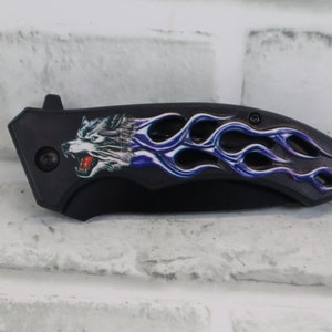 Hand Craft Blue Blazing Wolf Assisted Stainless Steel Pocket Knife with Belt Clip, Gift for Her, Gift for Him
