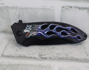 Hand Craft Blue Blazing Wolf Assisted Stainless Steel Pocket Knife with Belt Clip, Gift for Her, Gift for Him