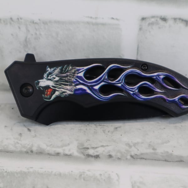 Hand Craft Blue Blazing Wolf Assisted Stainless Steel Pocket Knife with Belt Clip, Gift for Her, Gift for Him