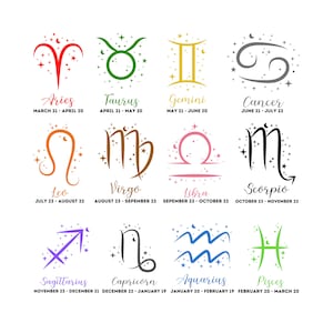 Znaki zodiaku z poprawnymi datami i kolorem SVG | Pliki do cięcia | JPG PNG | Pliki dla Cricut | Clipart, natychmiastowe pobieranie, pobieranie cyfrowe