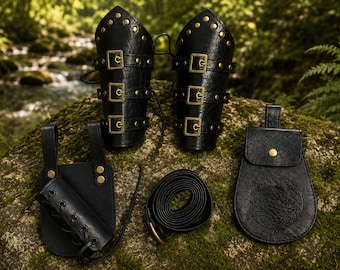 Medieval Leather Accessory Set 63" Belt, Pouch, 2 Arm Guards & Sword Holder for Viking Renaissance LARP Cosplay Costume, Halloween, Gifts