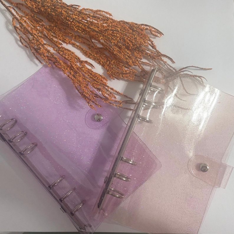 May include: Two clear, glittery binders in shades of lavender and pink, with silver metal rings and snap closures. A sprig of dried, orange-brown decorative grass sits above the binders, creating a soft, textured contrast.