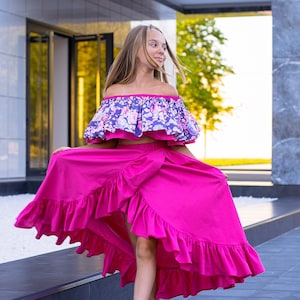 Top and skirt set, hot pink circle skirt and off shoulder top, flower girl outfit, ruffled maxi set  for girls for 5 to 16 years