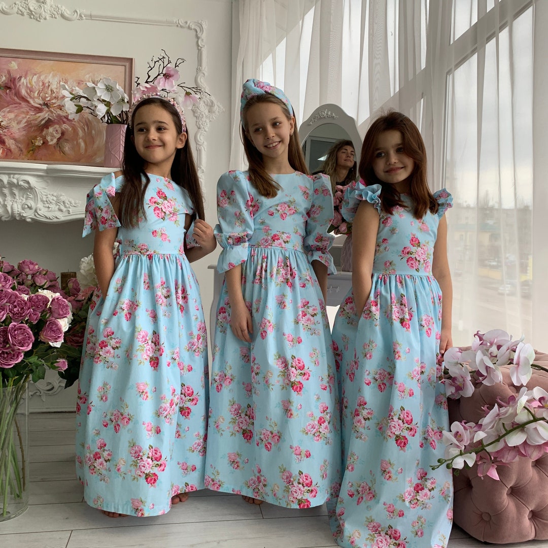 Girls Blue Embroiderd Flower Fit & Flared Maxi Dress.