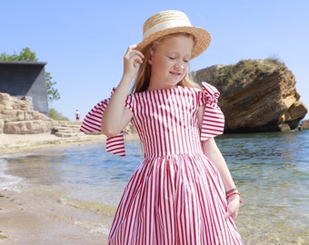 Little girls maxi dress, pink summer dress, striped dress, girls long dress, open back dress, cotton dress