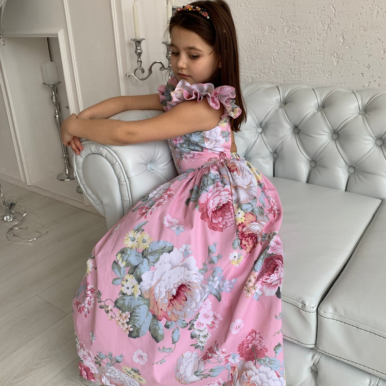 Flower girl dress Bridesmaid dress Summer set Outfit fot evening out Prom dress Teenager dress Peony pattern Floral print image 4