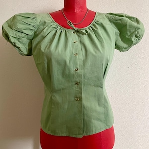 Vintage blouse, sage green, hand made, button up, short sleeve