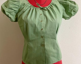 Vintage blouse, sage green, hand made, button up, short sleeve