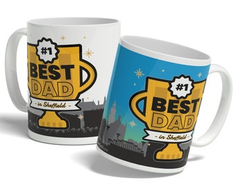 BEST DAD in SHEFFIELD Tasse, Vatertagsgeschenk mit einer Sheffield Skyline und Sehenswürdigkeiten, 11oz Keramiktasse, Kaffee- und Teebecher, Weiß/Blau