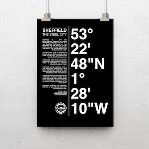 SHEFFIELD COORDINATES PRINT, Sheffield Wall Art Poster Print with a Sheffield History Guide, Framed or Unframed in A4, A3 and A2 sizing