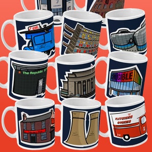 May include: Set of 10 white ceramic mugs with blue handles. Each mug features a different illustration of a landmark in Manchester, England. The illustrations include a cinema, a building with a red roof, a blue van, a building with a red and white facade, a building with a blue and white facade, a building with a red and white facade, a building with a red and white facade, a building with a red and white facade, a building with a red and white facade, and a red van.