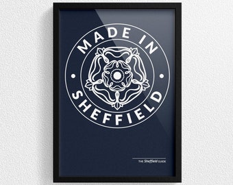 Made in Sheffield Wand Kunst Druck, Yorkshire Rose Sheffield Geschenk Motiv Wand Kunst Poster Druck, gerahmt oder ungerahmt in den Größen A4, A3 oder A2