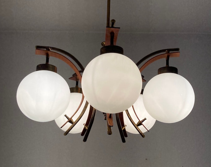 Vintage Five Globe Chandelier / Milk Glass Globe Light Fixture / Made