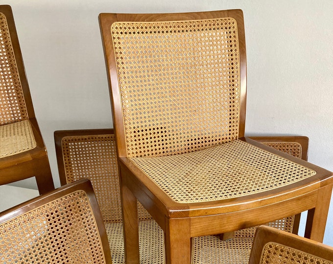 1 of 4 Italian Vintage Cane Seat Chairs / Made in Italy / 1970s / Mid Century Modern Dining