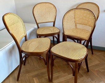 SET of 4 Vintage Dining Chairs / Thonet Style Mid Century Italian Chairs / Wicker Chairs / Italian Design / Italy 1980