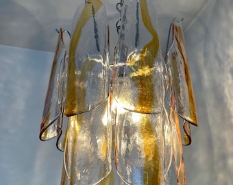 Georgeus AV Mazzega Amber Murano and Cromed Base Chandelier / Made in Italy / Vintage Murano Glass Light Fixture