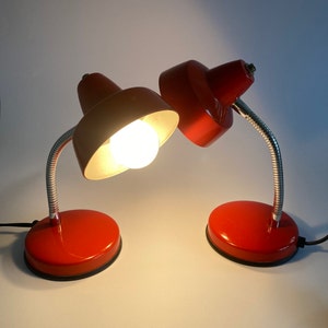 VENETA LUMI Pair of Red - Orange Gooseneck Lamps / Made in Italy / 1980s / Set of 2 Red Veneta Lumi Table Lamps /