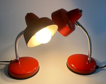 VENETA LUMI Pair of Red - Orange Gooseneck Lamps / Made in Italy / 1980s / Set of 2 Red Veneta Lumi Table Lamps /