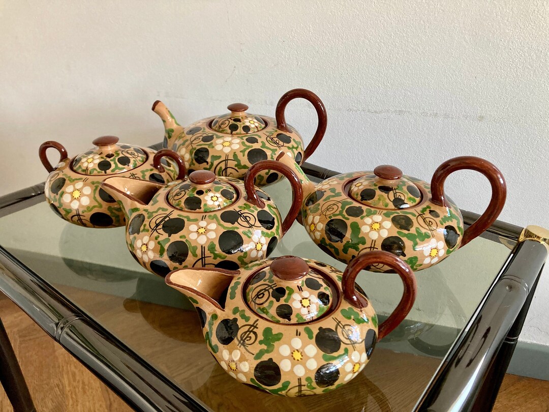 Rare Set of 6 Italian Majolica Tea Pots by Robbia Gualdo Tadino