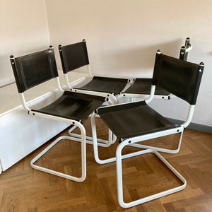 1 of 4 Vintage Italian Cantilever Chairs / Black Genuine Leather / White Metal Base / Italy 80s / Bauhaus Style / Post Modern Dining Chair