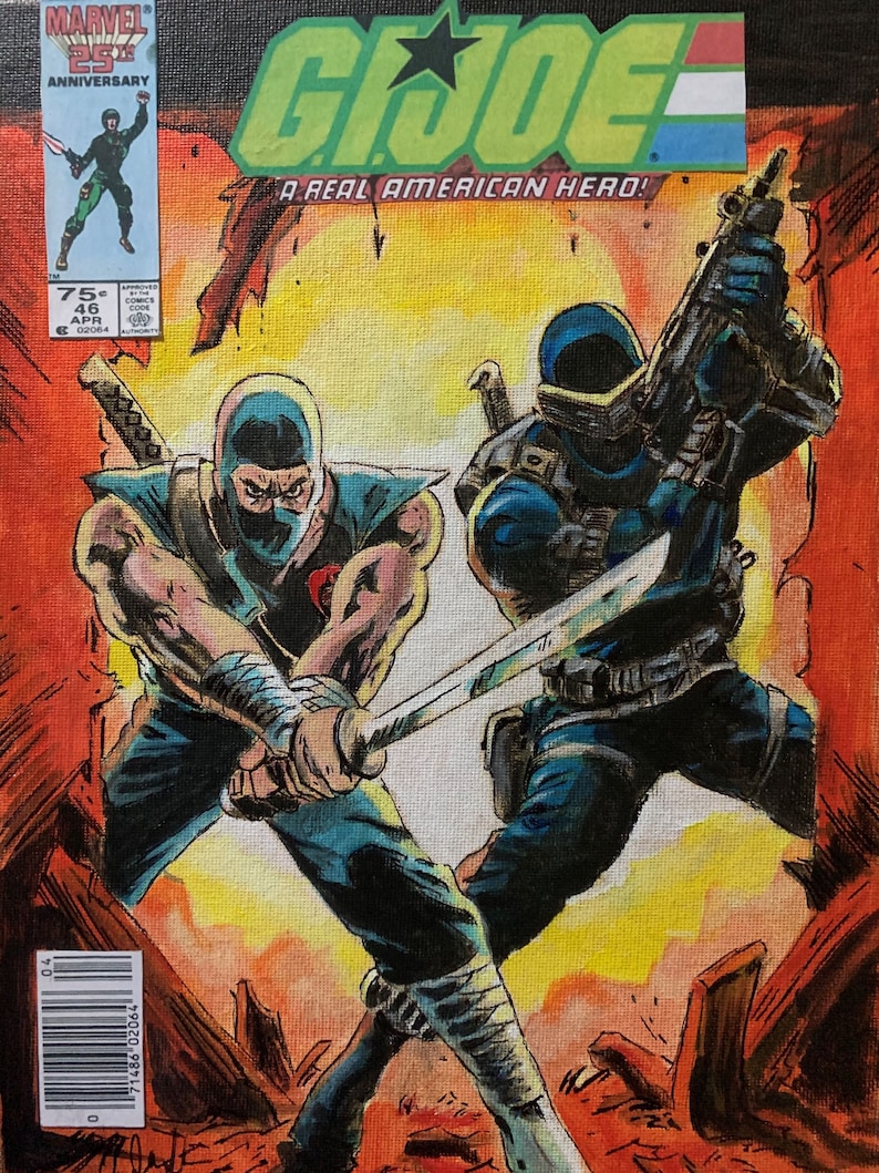 May include: A comic book cover featuring a G.I. Joe character with a gun and a ninja character with a sword. The cover is orange, yellow, and red with the text "G.I. JOE - A REAL AMERICAN HERO!" at the top.