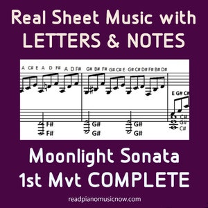 Sonata a la luz de la luna (1.er movimiento) con nombres de notas y letras / Partitura para piano