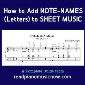 Puede incluir: Extracto de partitura de Frédéric Chopin, Preludio en La Mayor, con nombres de notas etiquetados encima de las notas musicales. El texto "How to Add NOTE-NAMES (Letters) to SHEET MUSIC" está en la parte superior, con "A Complete Guide from readpianomusicnow.com" en la parte inferior.