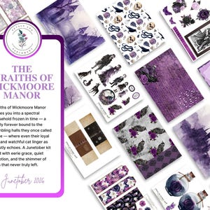 May include: A collection of gothic-themed stationery and ephemera, featuring watercolor illustrations of haunted houses, skulls, ravens, and spectral figures. The color palette includes shades of purple, black, and white. The text on the card reads "The Wraiths of Wickmoore Manor".