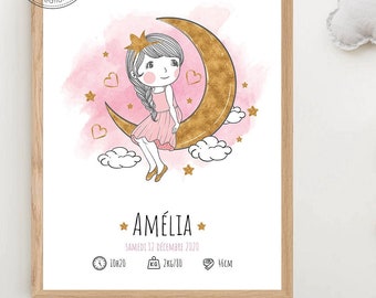 Personalized birth poster drawing little girl on the moon