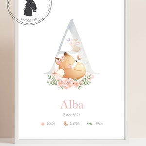 Affiche naissance personnalisée - Lettre - initiale - Renard - Lapin - fôret - Floral
