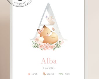 Affiche naissance personnalisée - Lettre - initiale - Renard - Lapin - fôret - Floral