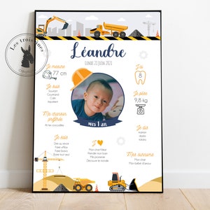 Affiche anniversaire personnalisée - chantier - camion - travaux - tous les âges - 1er anniversaire - 1 an