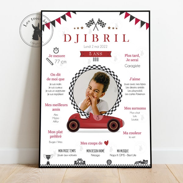 Affiche anniversaire personnalisée - Voiture - moto - course - racing - tous les âges - 1er anniversaire - 1 an et +