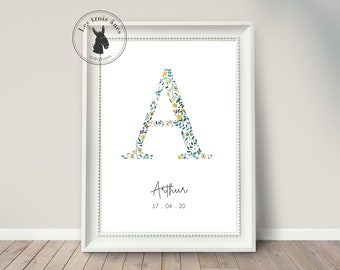 Affiche naissance personnalisée - Prénom - Initiale - Fleurs