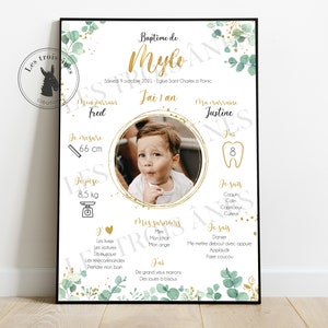 Personalized birthday and baptism poster - boy - floral - Nature - eucalyptus - Gold and white