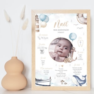 Affiche anniversaire personnalisée - 1er anniversaire et autres - marin - baleine - bateau  - bleu marine - couleur pastel -encre