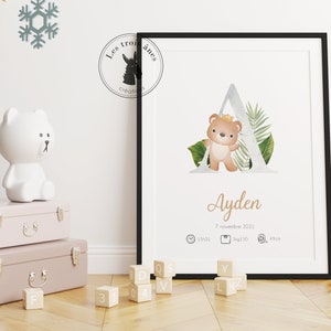 Affiche naissance personnalisée - Ours - petit ours brun - lettre - initiale - cadeau de naissance ou anniversaire