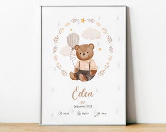 Affiche naissance personnalisée - Affiche bébé - Ourson - cadeau de naissance - cadre - souvenir - chambre bébé - décoration