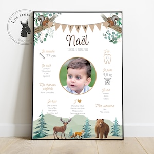 Affiche anniversaire personnalisée - animaux de la forêt - ours - renard - Cerf - Sapin - nature - tous les âges - 1er anniversaire - 1 an