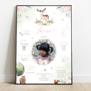 Affiche anniversaire personnalisée - animaux de la forêt enchantée - ours  - Cerf - Lapin- nature - tous les âges - 1er anniversaire - 1 an