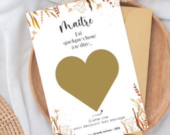 Carte a gratter - annonce - merci nounou - cadeau de fin d'année - maitresse - maître - Atsem texte personnalisable - floral