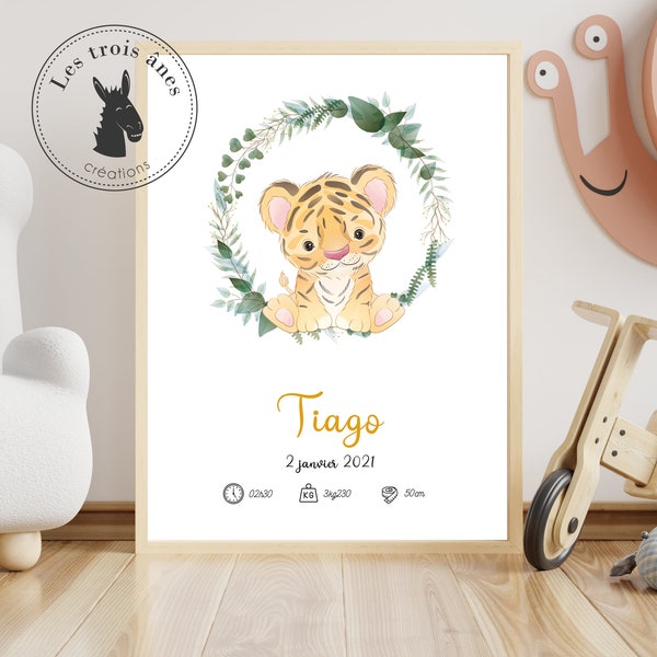 Affiche naissance personnalisée - Couronne Tigre - Léopard - animaux savane - jungle - idée cadeau