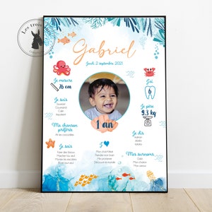 Affiche anniversaire personnalisée - Océan - animaux de la mer - crabe - etoile de mer - poissons - tous les âges - 1er anniversaire - 1 an