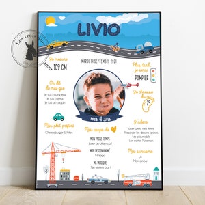Affiche anniversaire personnalisée - Voiture - Transports - camion pompier - hélicoptère - City - tous les âges - 1er anniversaire - 1 an