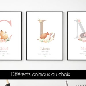 Personalized birth poster - Letter - initial - Fox - Doe - Koala - Giraffe - forest - Floral