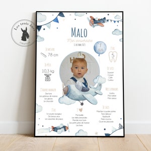 Affiche anniversaire personnalisée - Avion - doux - Etoile - nuage - ballon - Aviateur - tous les âges - 1er anniversaire - 1 an - baptême