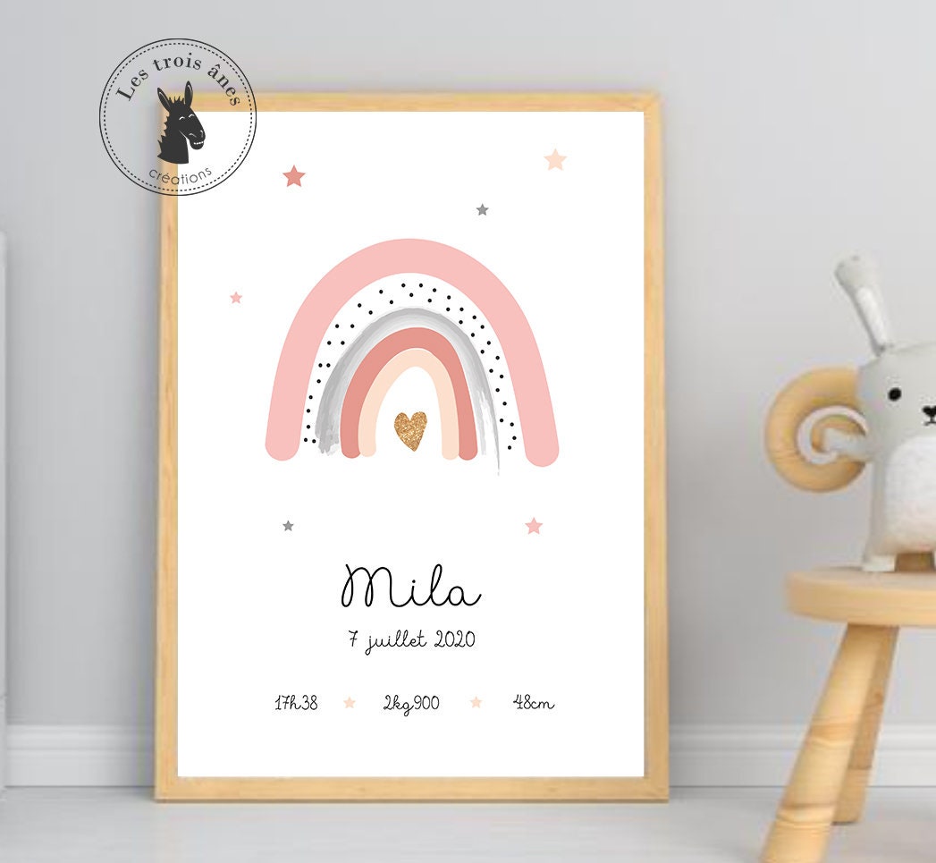 Affiche Naissance Personnalisée - Arc en Ciel Etoile Fille