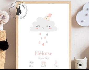 Personalized birth poster - cloud - boho - girl - feather - star - drops